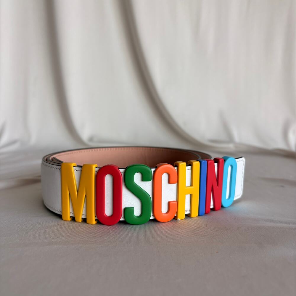 Moschino White Leather Multicolor Logo Buckle Belt Size IT50